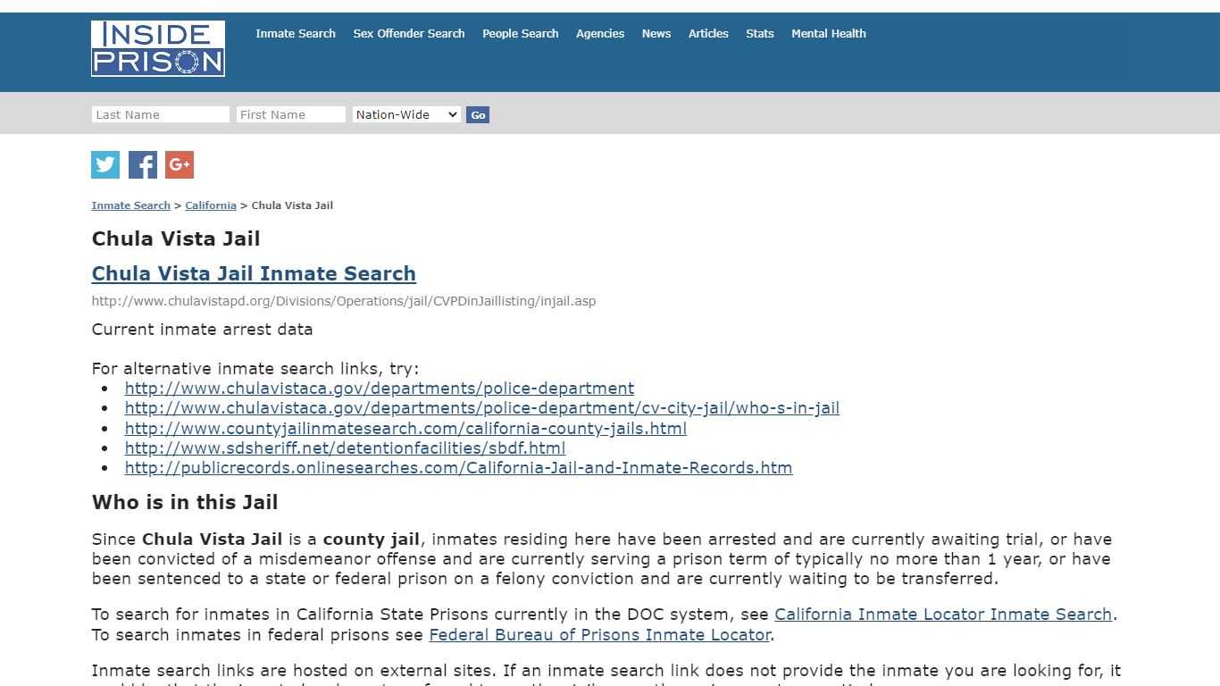 Chula Vista Jail - California - Inmate Search